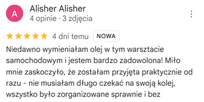 Zrzut opinii klienta o obsłudze warsztatu